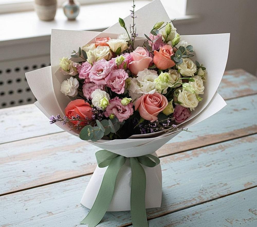 Букет цветов из: Розы, Лизиантусы и Гвоздики в Захарово Одинцовского района