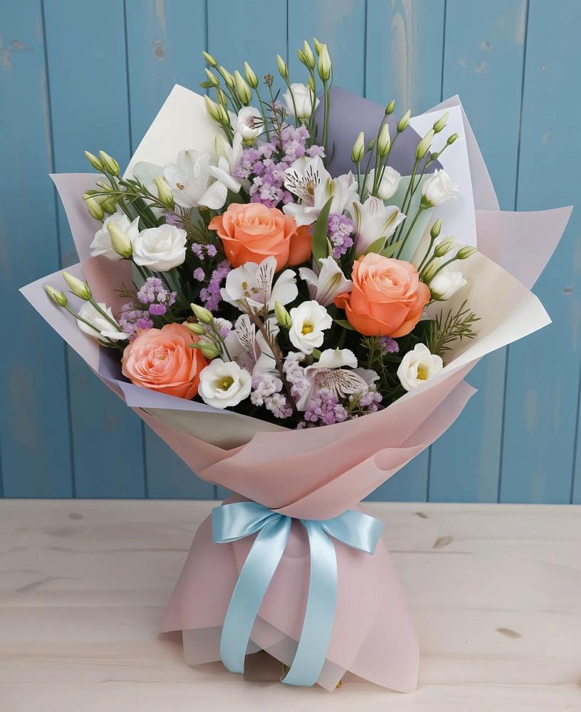 Букет цветов из: Лизиантусы, Розы, Альстромерии и Гипсофила в Захарово Одинцовского района