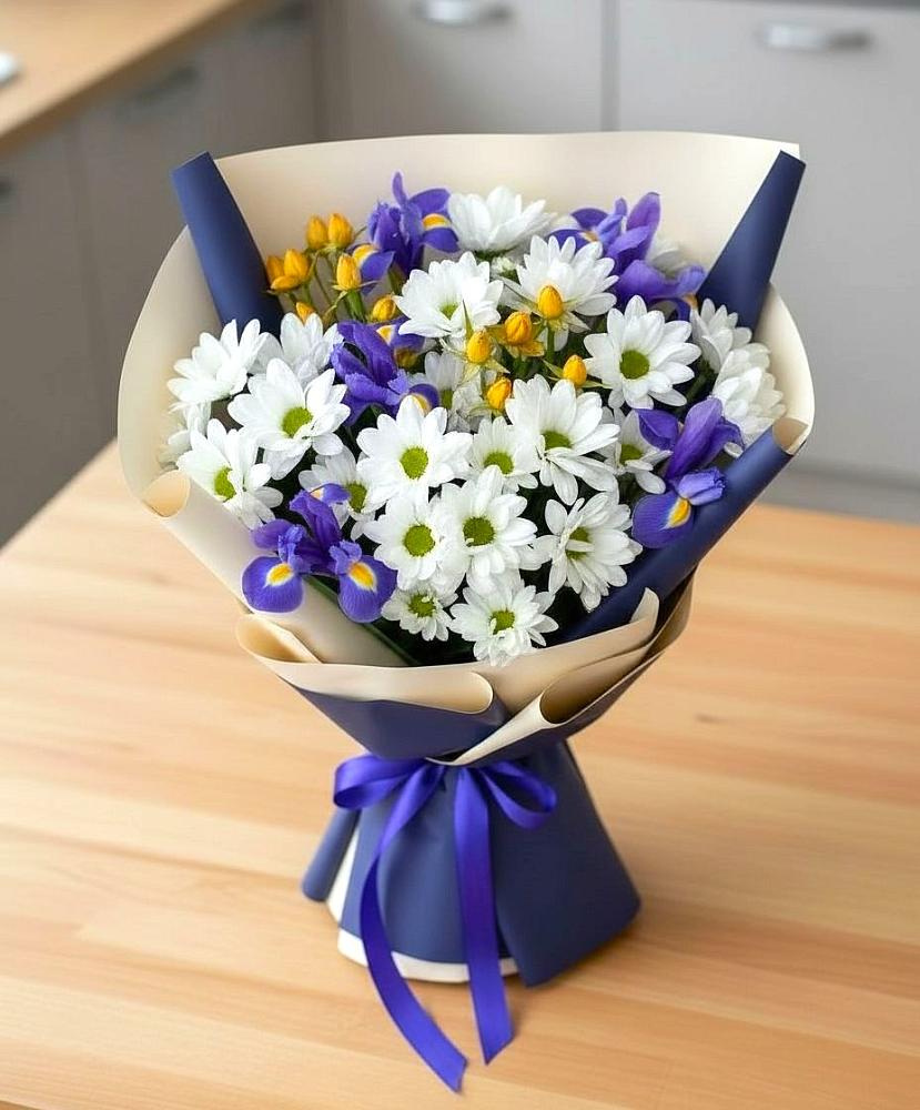 Букет цветов из: Розы, Ирисы и Хризантемы в Захарово Одинцовского района