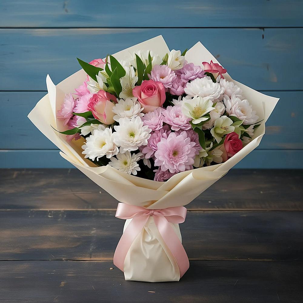 Букет цветов из: Хризантемы, Альстромерии и Розы в Захарово Одинцовского района